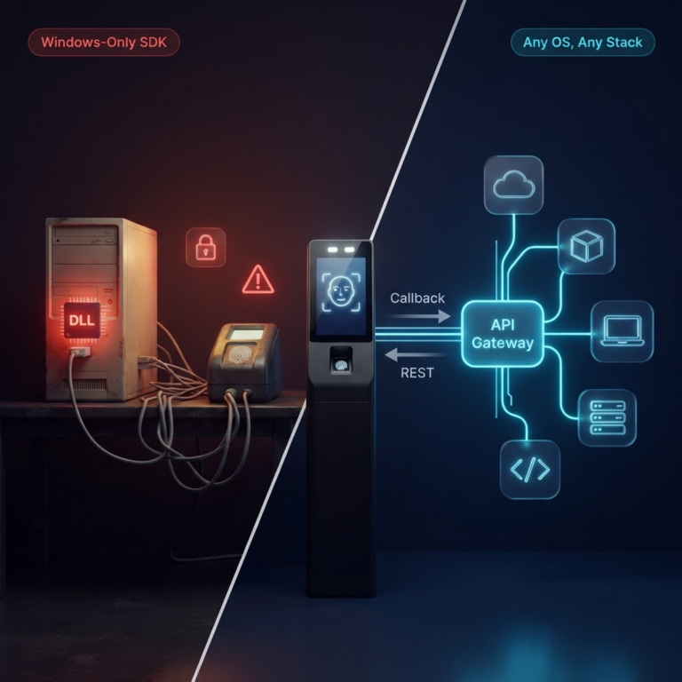 Comparison of a Windows-only biometric SDK on an old PC with a DLL chip versus a modern biometric terminal connected through an API gateway to cloud, container, laptop, and server systems.