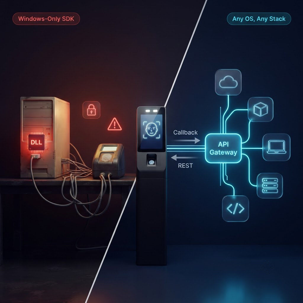 Comparison of a Windows-only biometric SDK on an old PC with a DLL chip versus a modern biometric terminal connected through an API gateway to cloud, container, laptop, and server systems.